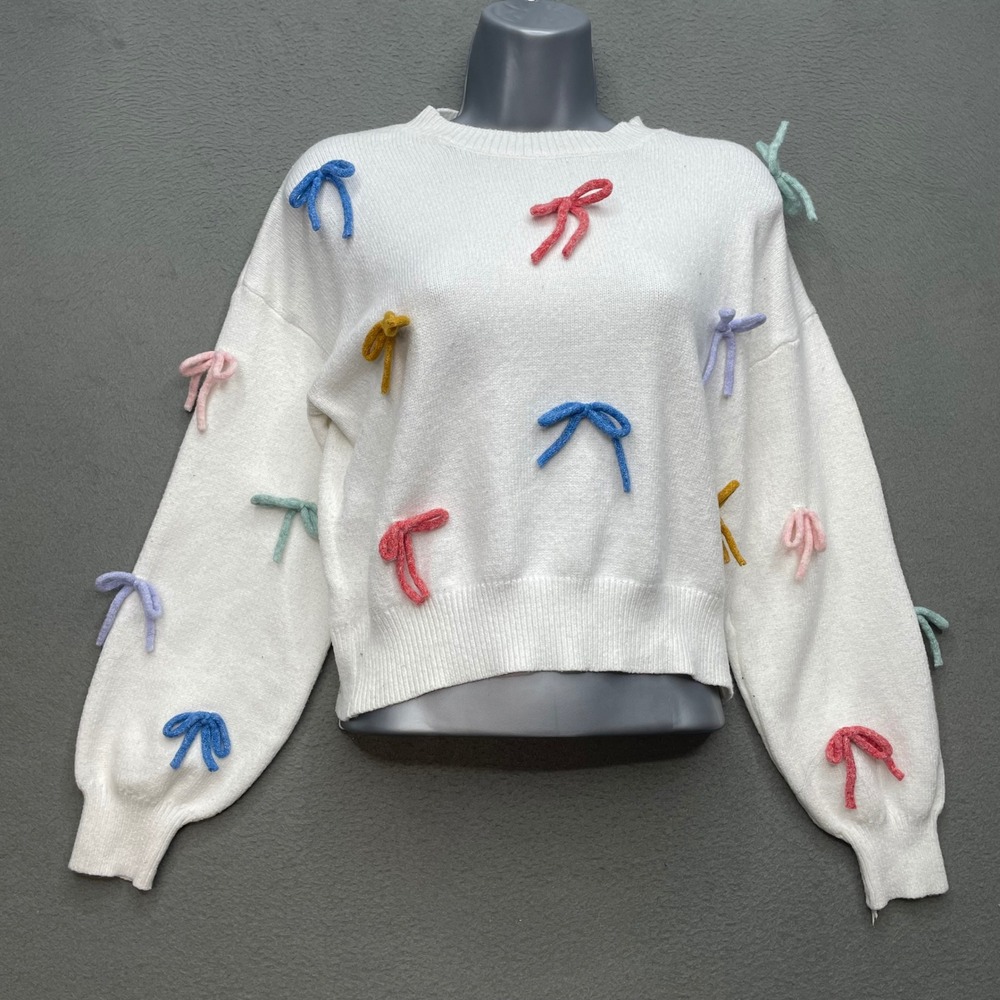 Luna Ivy Women XS 3D Multicolor Bow Sweater Cropped Coquette Balletcore